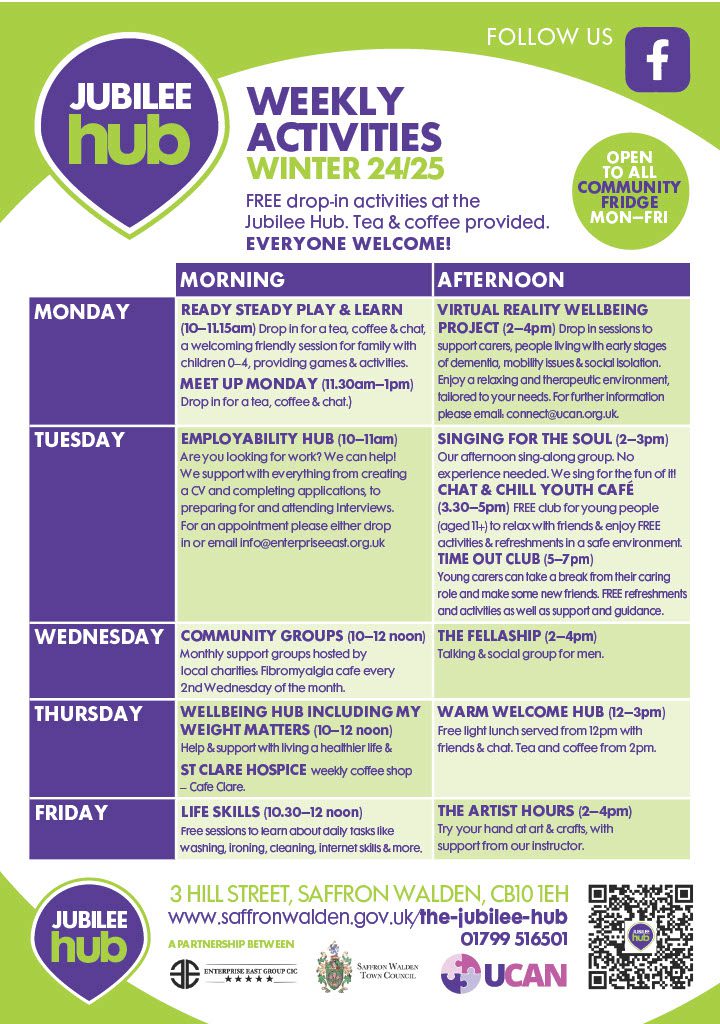 winter 24-25 Winter 24/25 weekly activities poster showing free drop in activities
