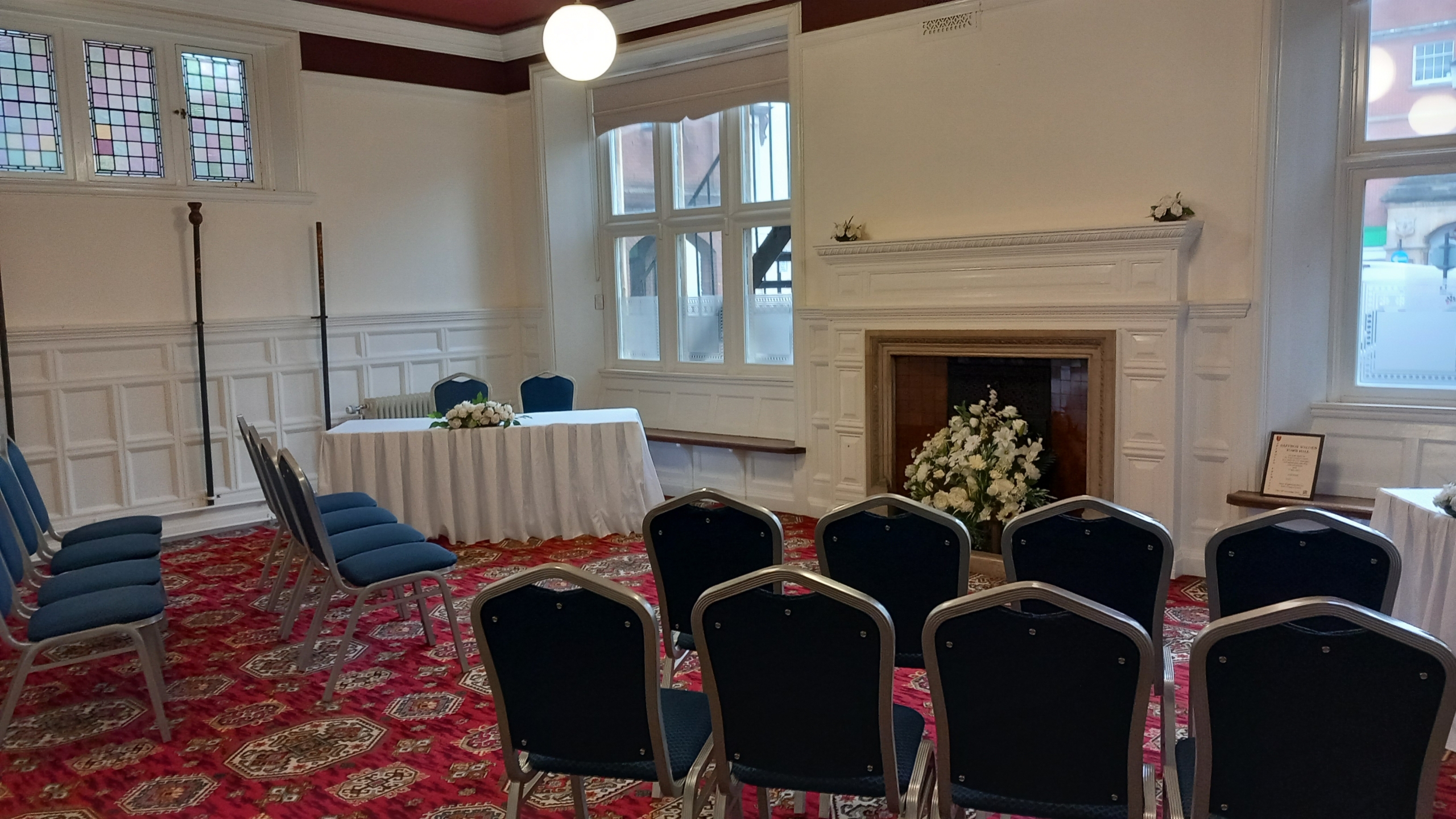 Image of the town hall set up for a wedding