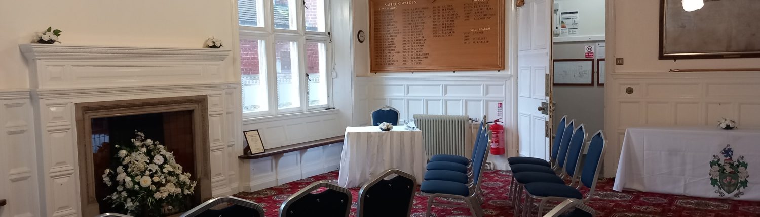 Image of the town hall set up for a wedding