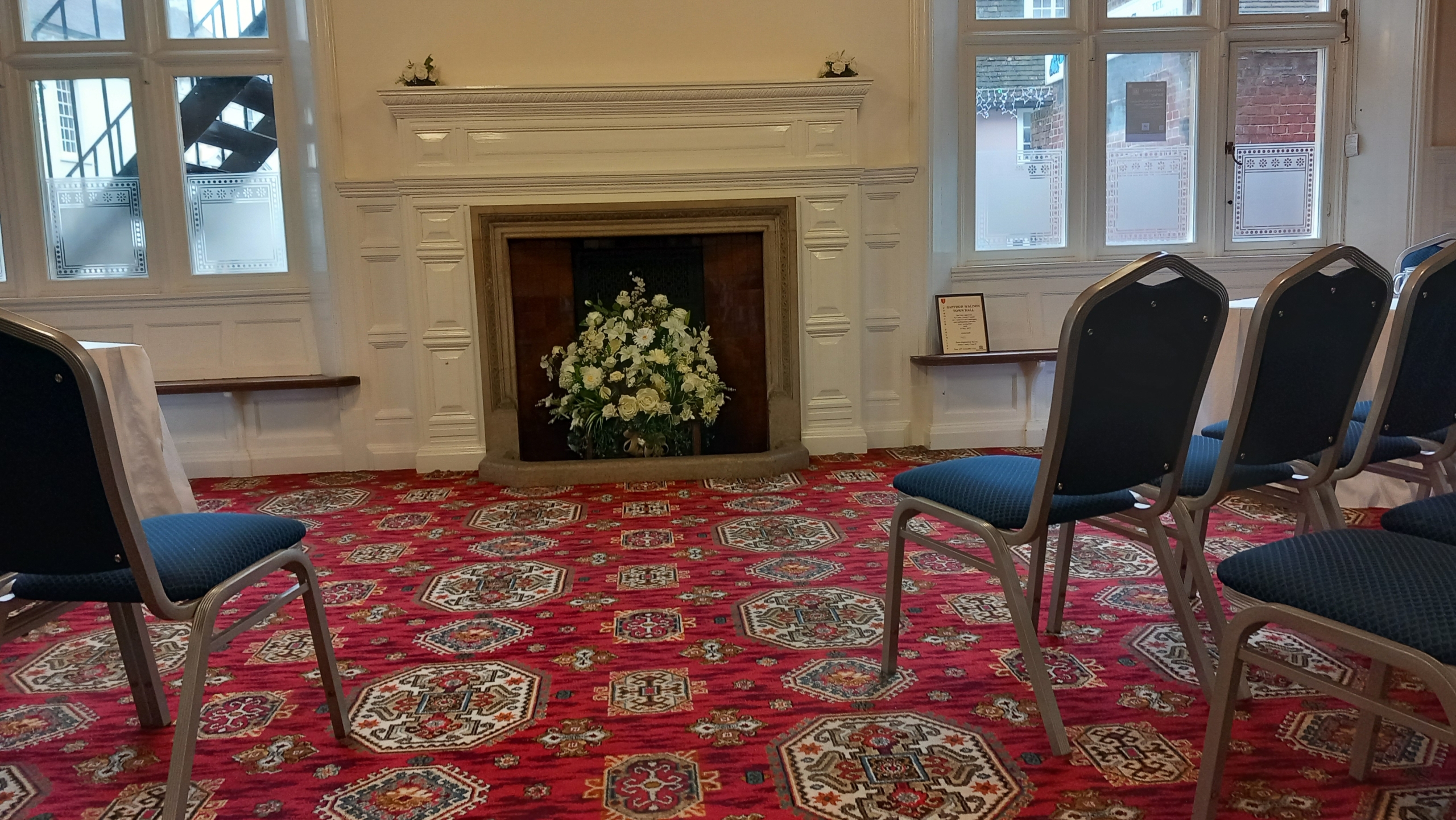 Image of the town hall set up for a wedding