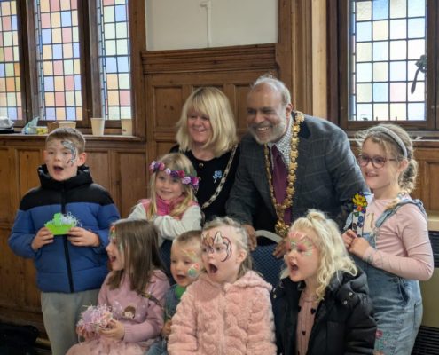 The Mayor, Mayoress and a group of children enjoying a Successful Easter Craft Event.