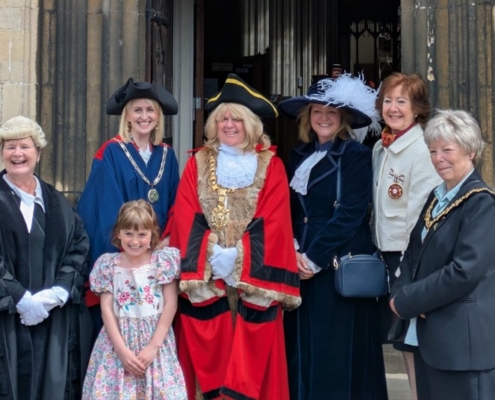 Mayor Cllr Curtis with Town Clerk, Deputy Mayor, Saskia Abercrombie Walker, High Sheriff of Essex, Deputy Lieutenant, and Mayor of Dunmow